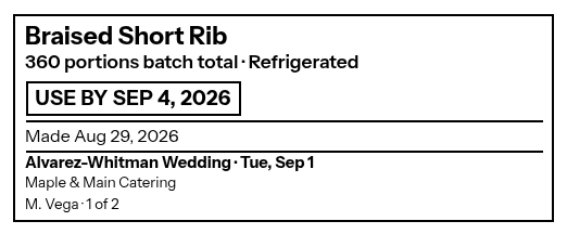 Label preview for Braised Short Rib, refrigerated, with use-by and made dates and two numbered containers.