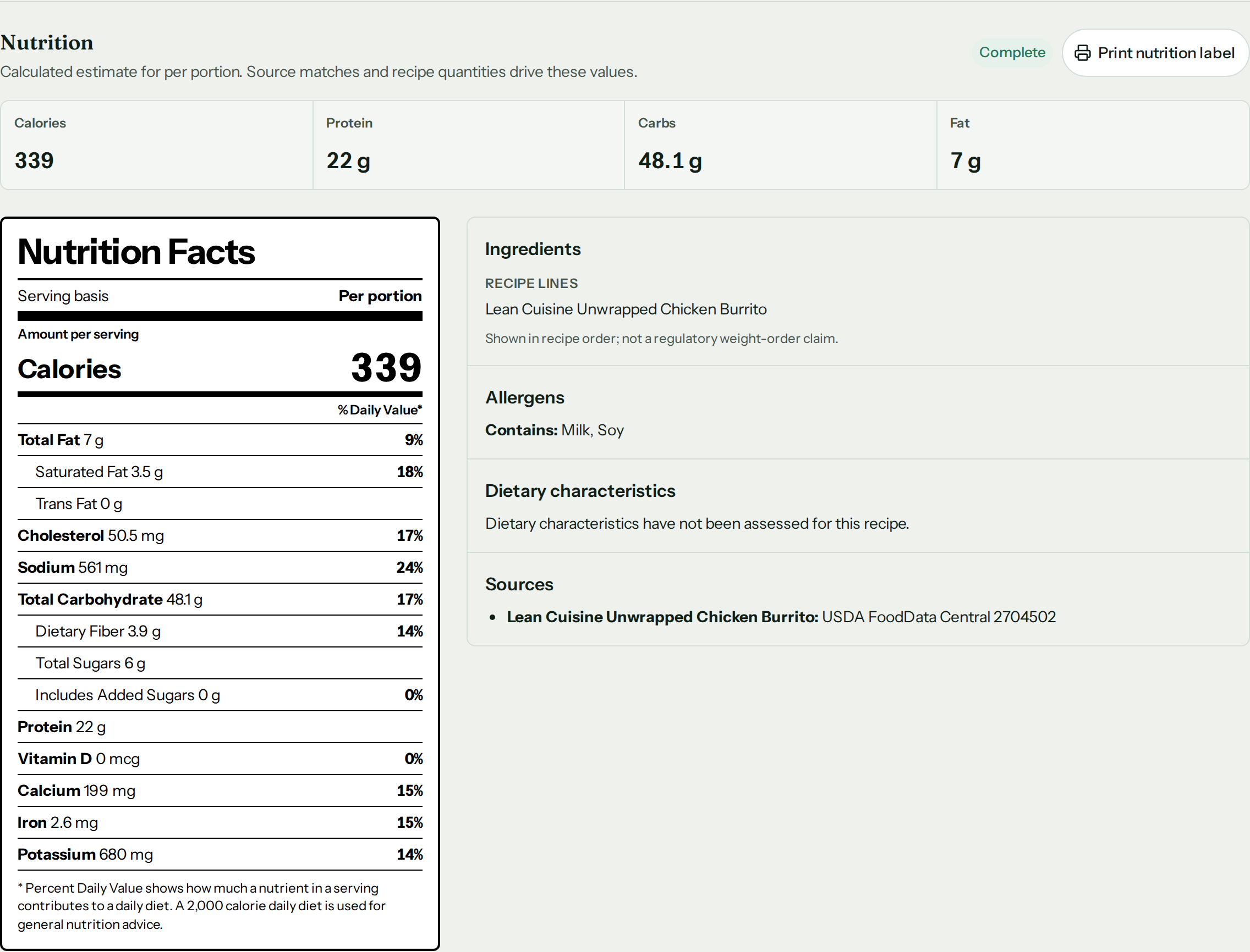 The complete Nutrition section for a 297 gram Chicken Burrito Bowl. The summary shows 339 calories, 22 grams protein, 48.1 grams carbohydrate, and 7 grams fat. All fifteen Nutrition Facts rows are populated, including explicit zero values for trans fat, added sugars, and vitamin D. The allergen review says Contains: Milk, Soy, and the source is USDA FoodData Central branded record 2704502.