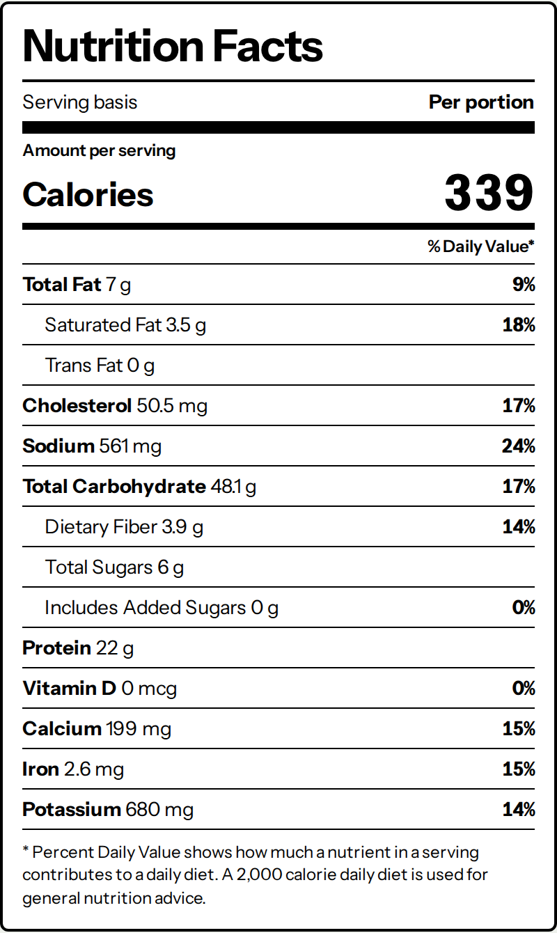 Complete Chicken Burrito Bowl Nutrition Facts panel showing all fifteen values, from 339 calories through 680 milligrams potassium.